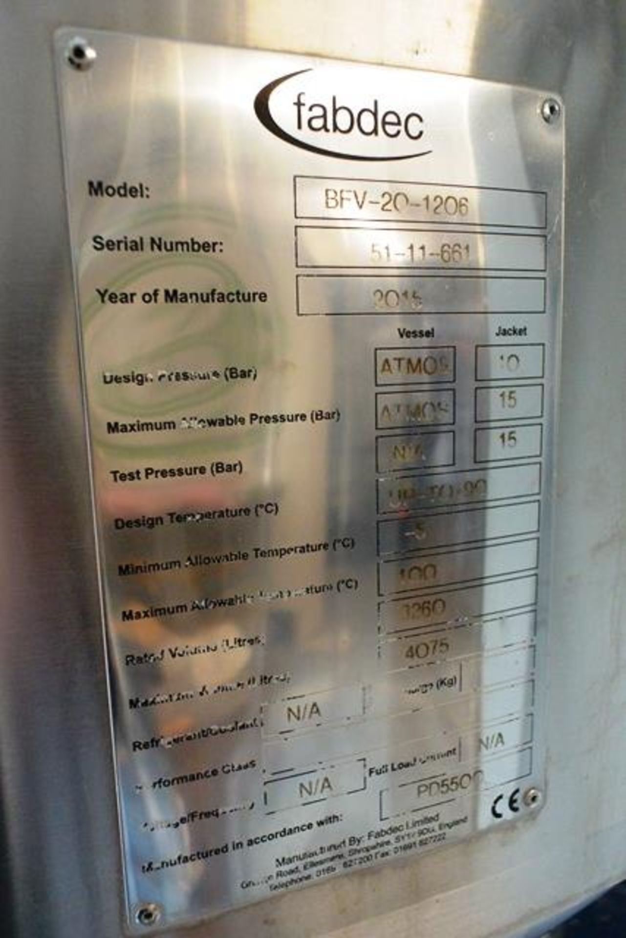 Fabdec stainless steel jacketed vertical cylindrical tank, model BFV-20-1206, serial no. 51-11- - Image 3 of 5