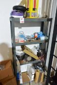 4-shelf metal unit to include bay of various stickers, boxes and wrapping. This Lot is Located: