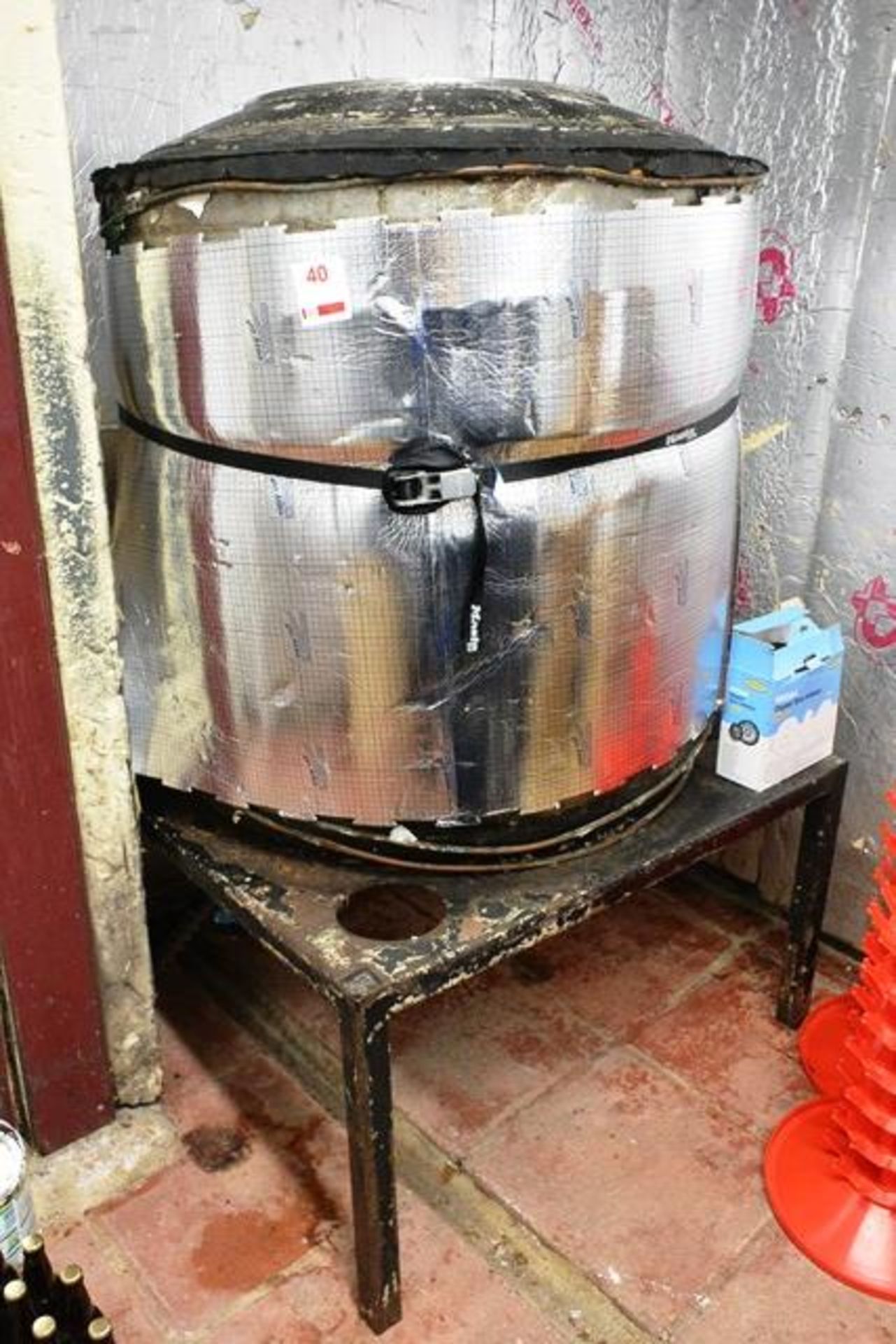 Copper kettle cylindrical vessel, approx 1m dia, 900m height, with steel stand. This Lot is Located: