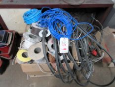 Assorted electrical reeled cable, fuse boxes, bulbs, cable, etc.