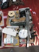 Miscellaneous lot including hinges, mortice locks, part tins paint, paint brushes, plastic covers,