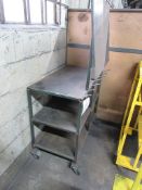 Three assorted metal frame work table/work stations, one 3-shelf storage rack