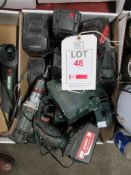 Three Metabo cordless drills, four chargers, seven 18v batteries