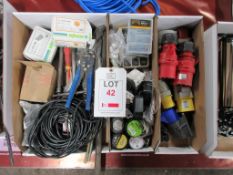 Three tote boxes with contents including electrical connectors, plugs, solder wire,