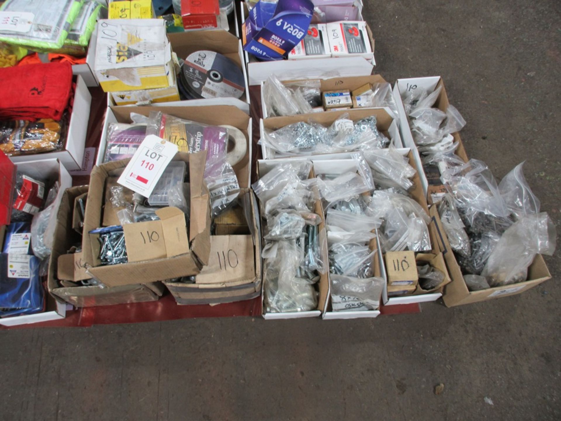 Quantity of assorted consumable stock including belts, washers, nuts, nails, rawl plugs, rivets,