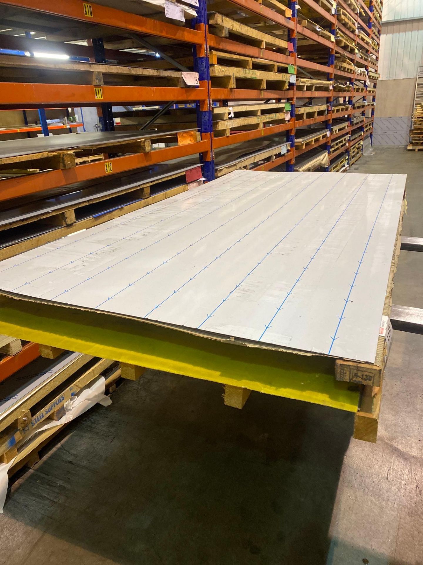 Contents of Rack A2 to include 1 sheet of 304 2B stainless steel 2.5 x 1.25m 5mm thick and 1 sheet