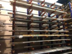 4 bays of heavy duty cantilever racking consisting of 5 L shaped blue frame upright beams 6m tall