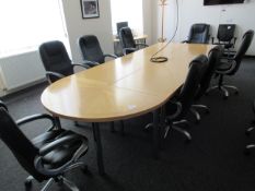 Boardroom furniture comprising 4 x straight tables 1.5m x 750mm, 2 x semi circle end tables 1.5m x