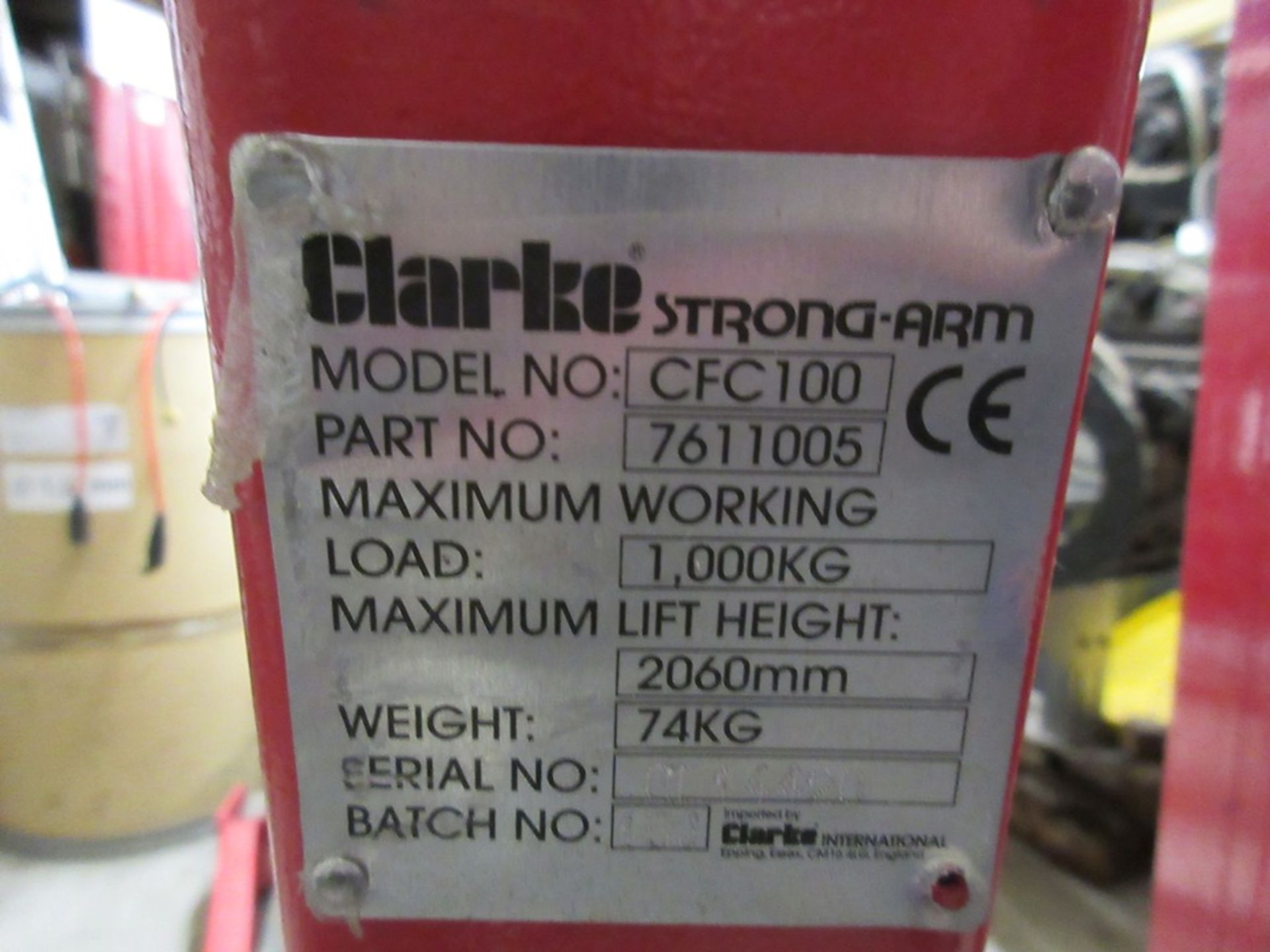 Clarke Strong Arm mobile hoist, model CFC100, part no. 7611005, serial no. CL14426, SWL 1000kg NB: - Image 3 of 4