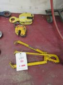 Two assorted plate clamps, 2 tonne & 1.5 tonne, and a 360kg tri lift attachment NB: This item has no