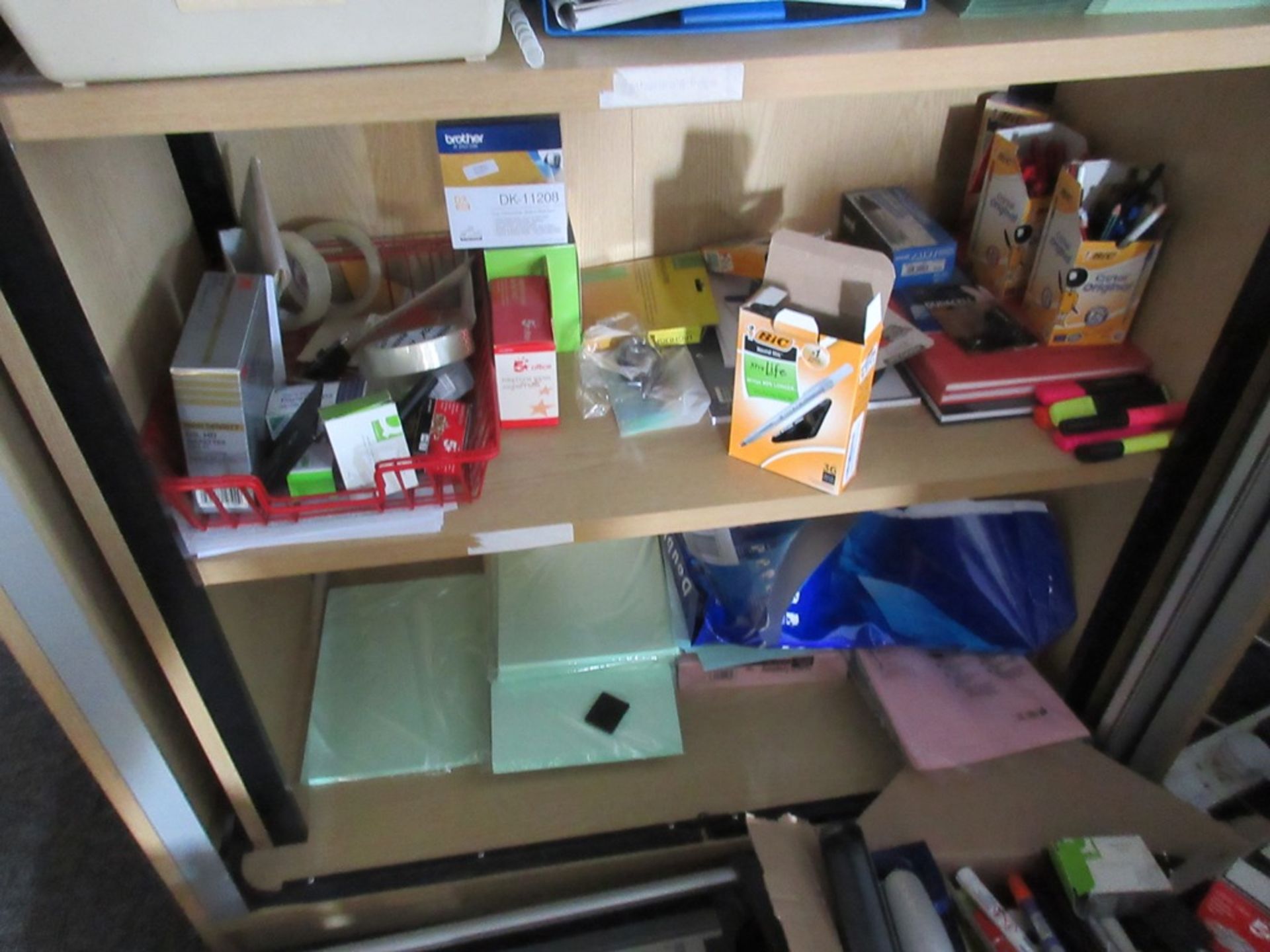 Wood effect tambour storage cupboard with assorted office sundries including pens, highlighters, - Image 2 of 8