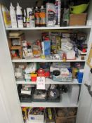 Cupboard and contents including fuses, electrical blocks, bulbs, tape, spray oils, gear oil, etc.
