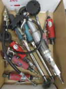Assorted pneumatic hand tools including grinder, tyre inflators, drills, etc.