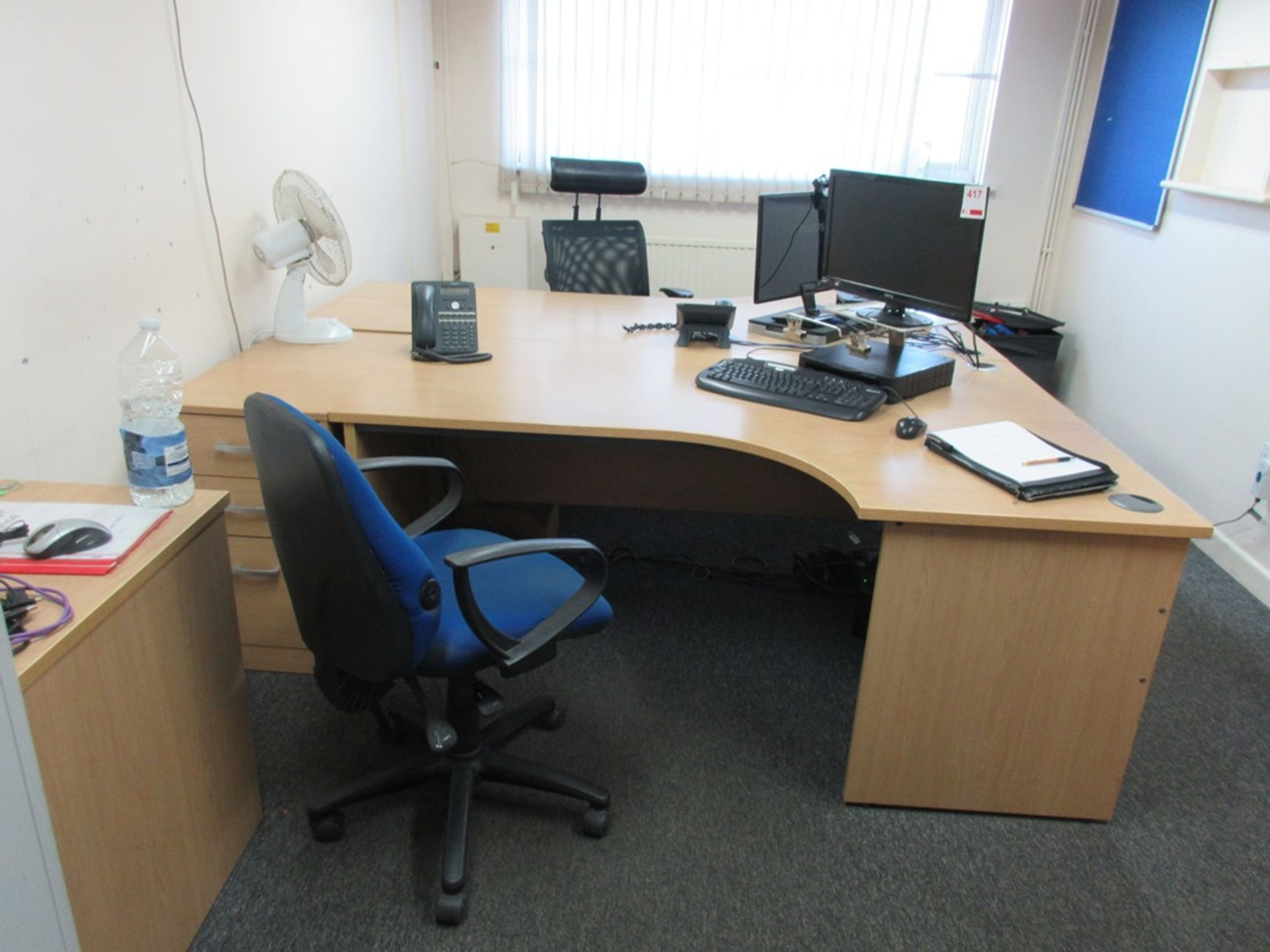 Three wood effect corner workstations, five pedestal units, two chairs