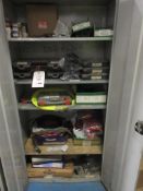 Cupboard and contents including sub ARC tips, mig tips, ceramic cups, tungsten grinder spares, gas