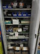 Cupboard and contents including tig gloves, rigger gloves, earplugs, safety glass, lenses, 3M