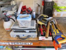 Assorted hand tools including 2 spray guns, hand saws, wire brushes, bending callipers, screws,