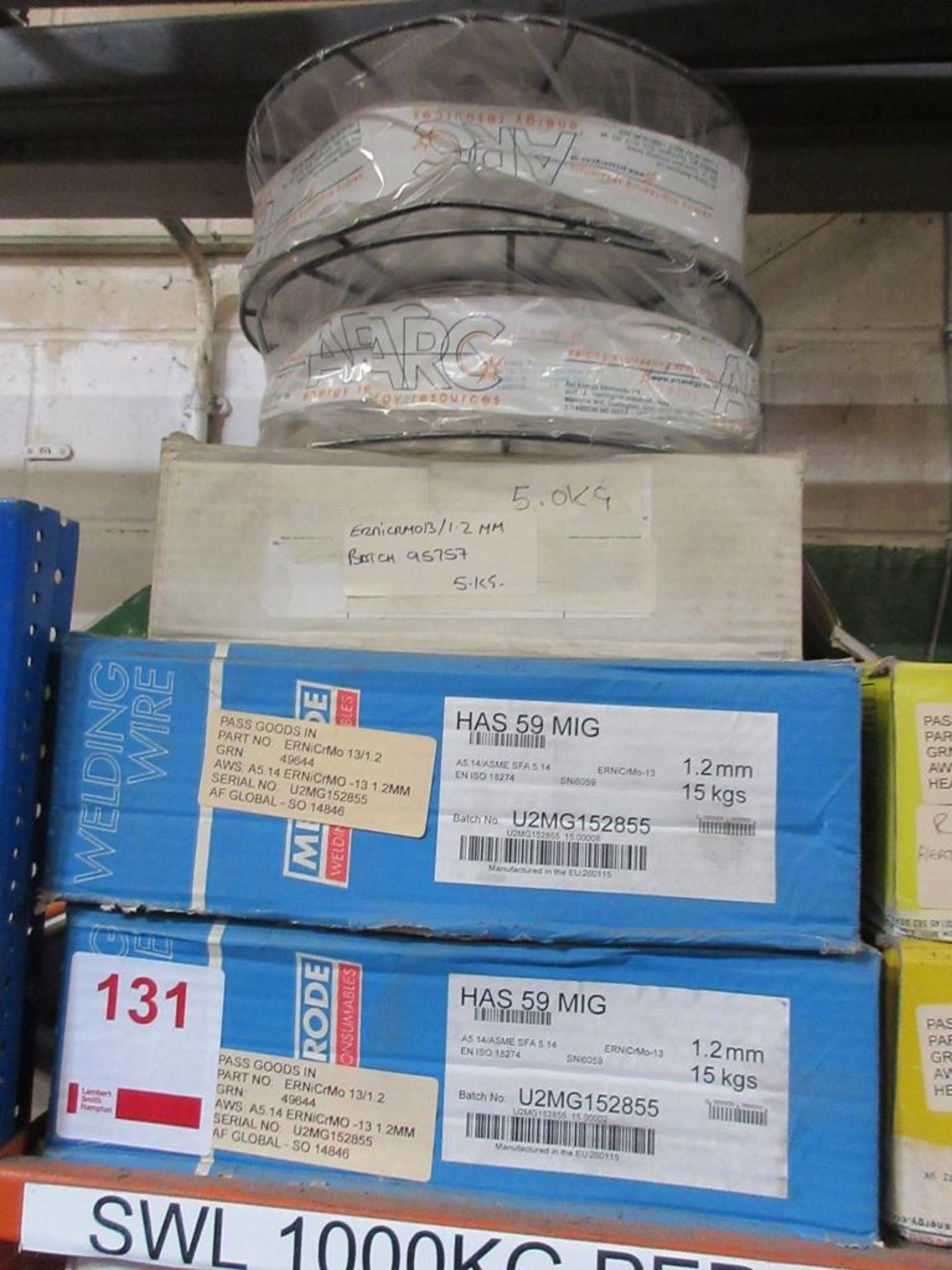 Five reels of HAS 59 MIG welding wire, part no. ERNICRM013/1.2