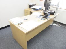 Wood effect corner workstation, 1 x 3-drawer pedestal unit, 1 circular meeting table, 3 x mesh