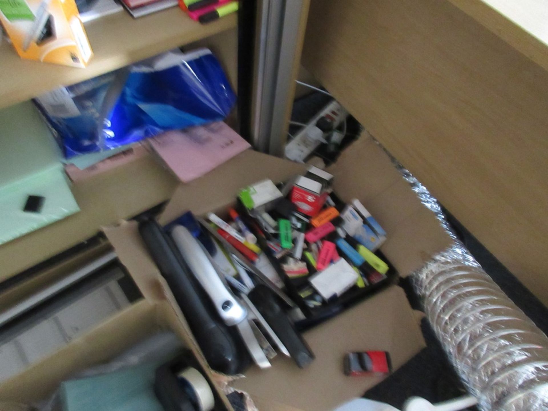 Wood effect tambour storage cupboard with assorted office sundries including pens, highlighters, - Image 3 of 8