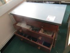 Chest of drawers to include various buttons, 2 plastic storage containers to include dressmakers