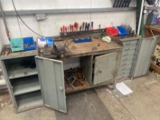 Metal work bench and multi draw cabinet to include large quantity of hand tools and record 35 vice
