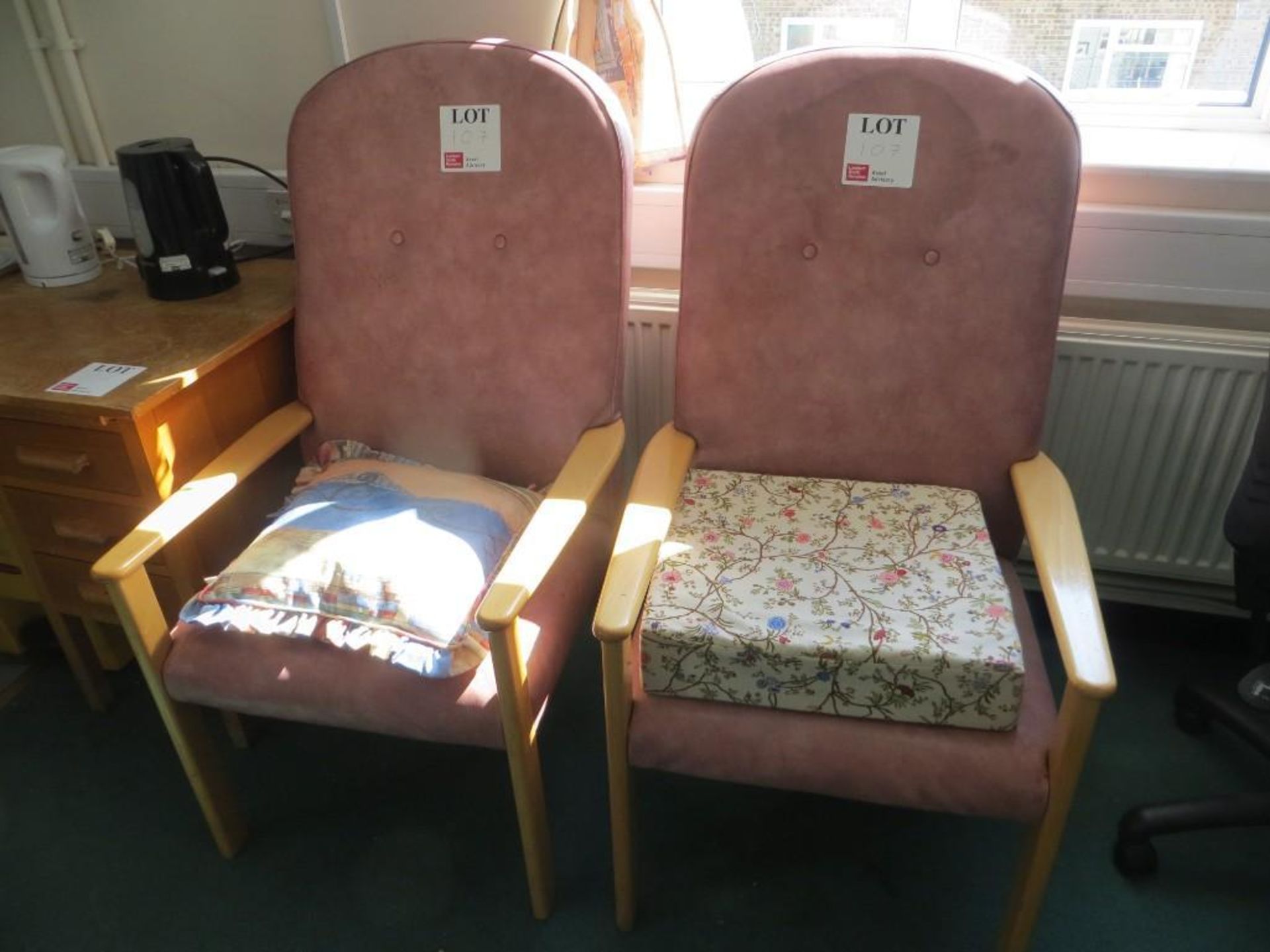 2 hospital/waiting room arm chairs in salmon washable vinyl