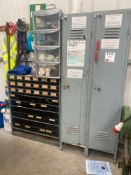 Two single door lockers, and a multi drawer unit complete with contents, to include various