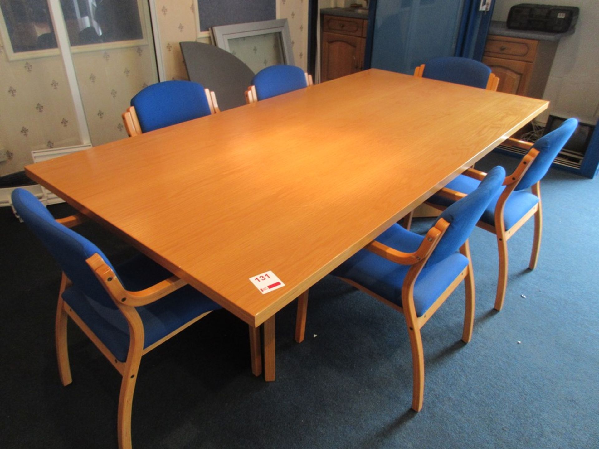 Wood effect boardroom table, approx. 8' x 4' with 6 x wood effect framed upholstered meeting chairs