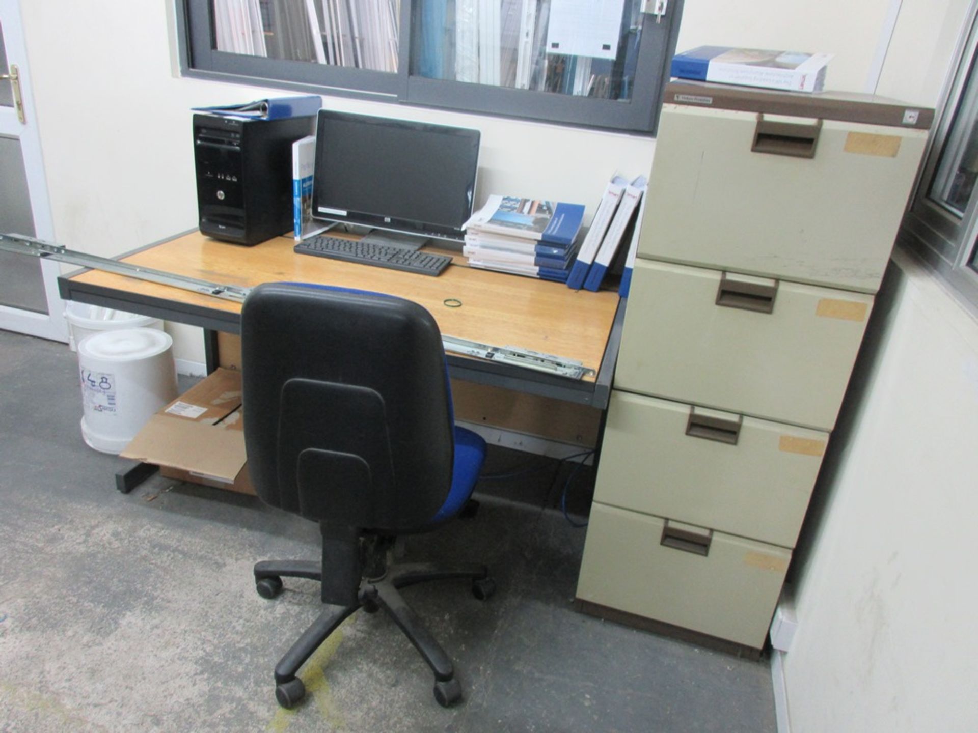 Remaining loose contents of office including 2 x metal 4 drawer filing cabinets, 2 x straight desks,