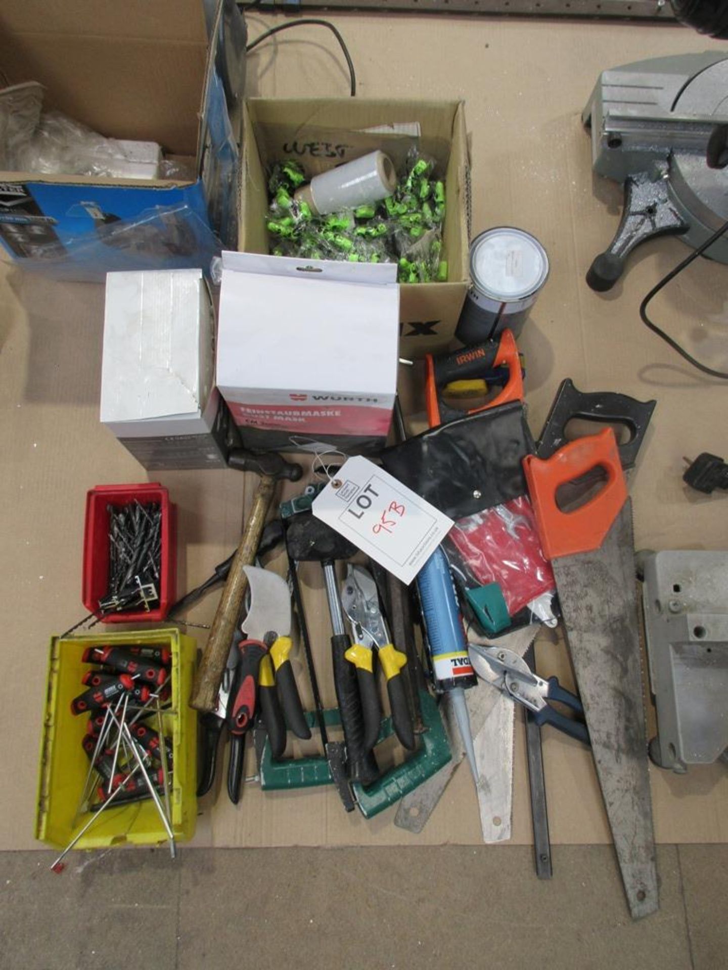 Quantity of assorted hand tools including saws, cutters, allen keys, drill bits, dusk masks etc.