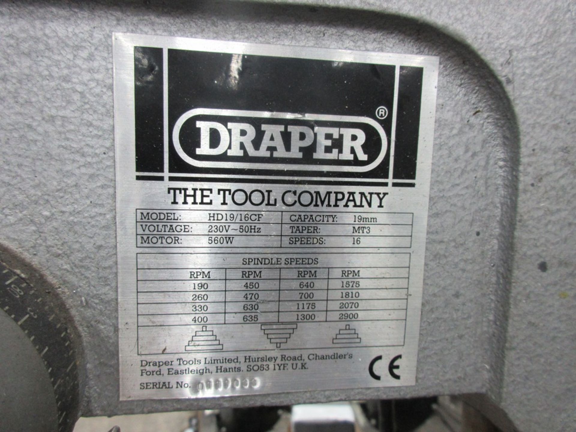 Draper pillar drill, model HD19/6CF, serial no. 011033, 19mm capacity, 2 x machine vices, 4" - Image 4 of 5