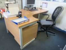 Two wood effect corner workstations, 3 x pedestal units, 2 x upholstered chairs