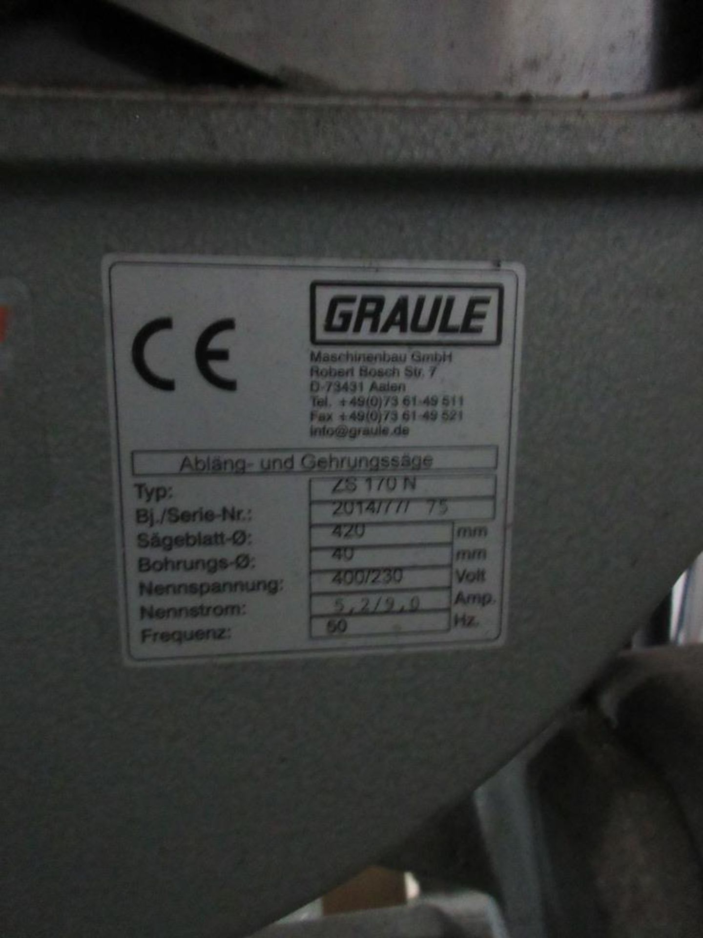 Graule 420mm adjustable cross cut saw, serial no 2014/77175, laser marker, approx. bed size 800 x - Image 3 of 5