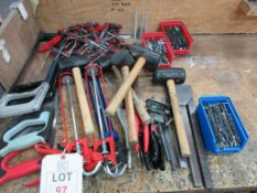 Quantity of assorted hand tools including mallets, hacksaws, silicone guns, drill bits etc.