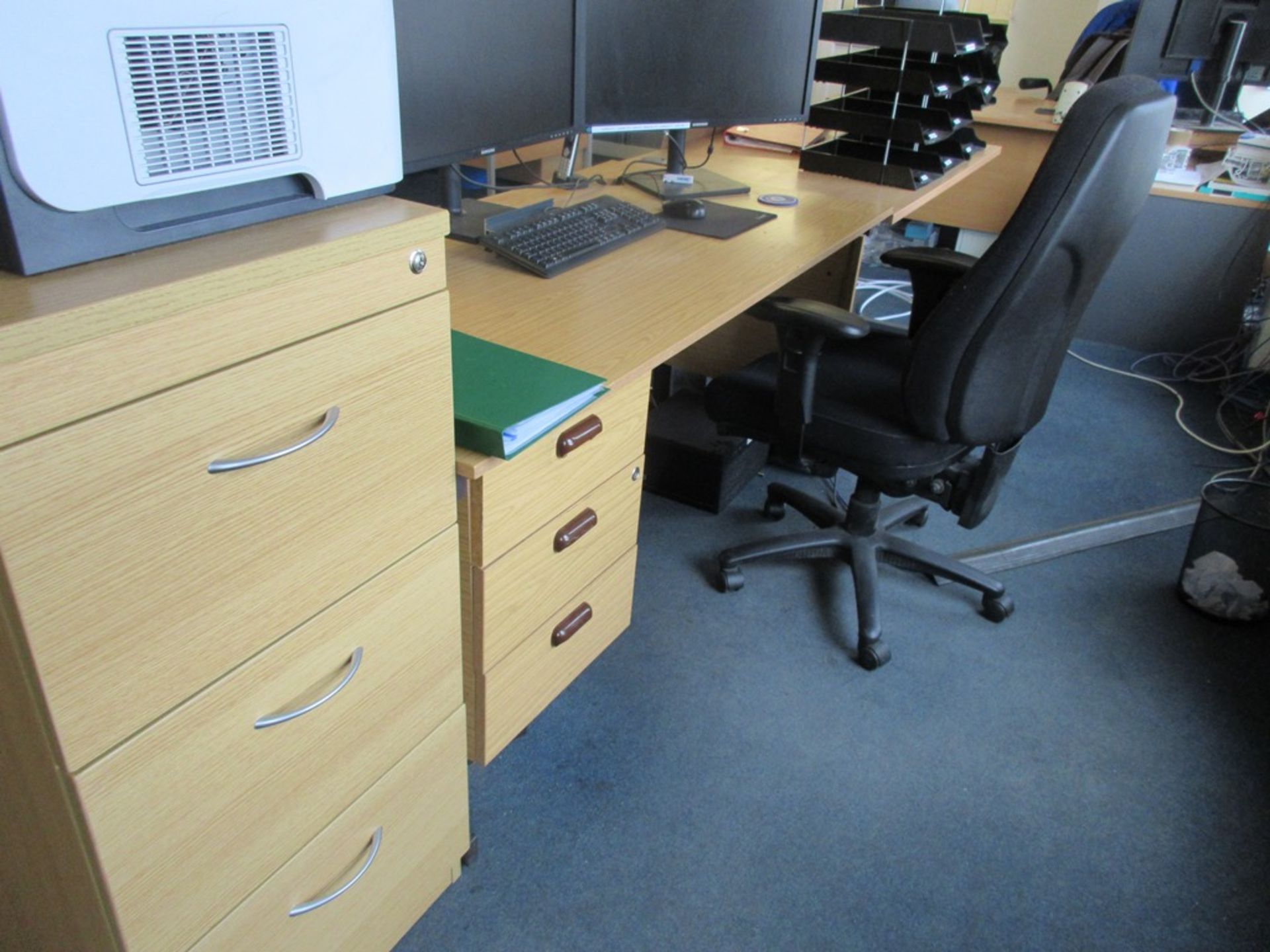 Two wood effect curved desk, single pedestal desk, 1 x straight desks, ,1 x pedestal unit, 2 x - Image 2 of 4