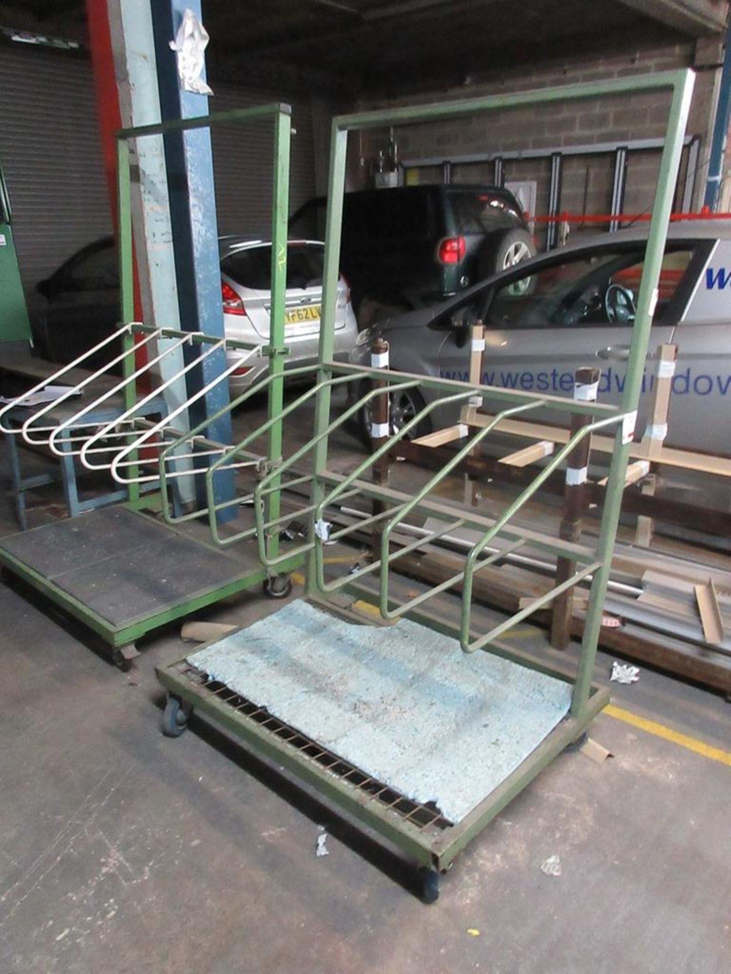 Two metal frame component trolleys, 1.1m x 1.8m