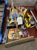 Assorted hand tools to include spirit levels, saws, glass suction pads, etc.