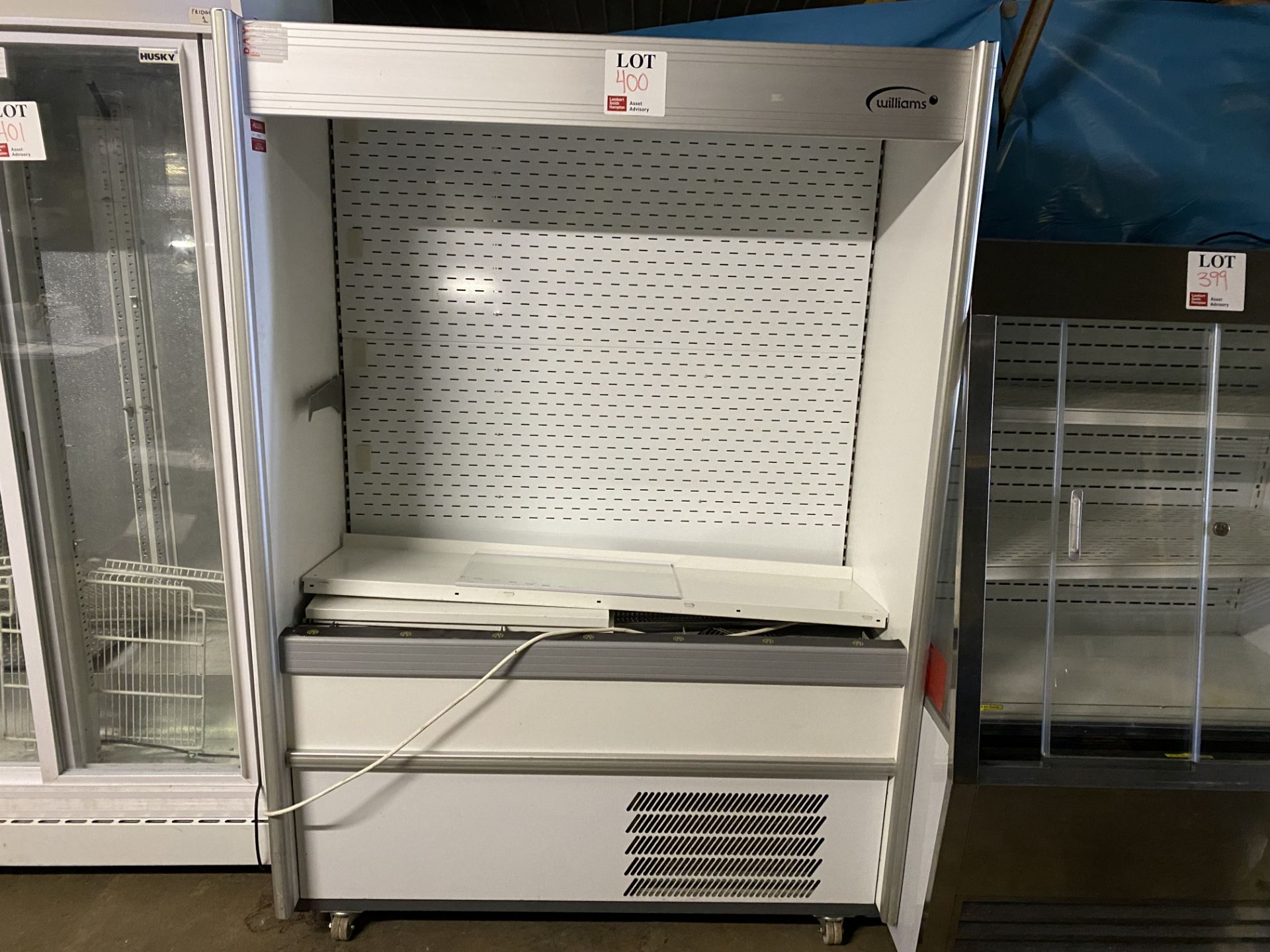 Williams open fronted display fridge, with internal lighting and roller blinds, model C125-WCN (