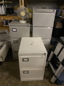 Three metal filing cabinets all with keys, 1 fan