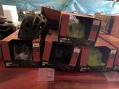 Five Bell cycle helmets, 2 x 50-57cm, 2 x 54-61cm, 1 x ?