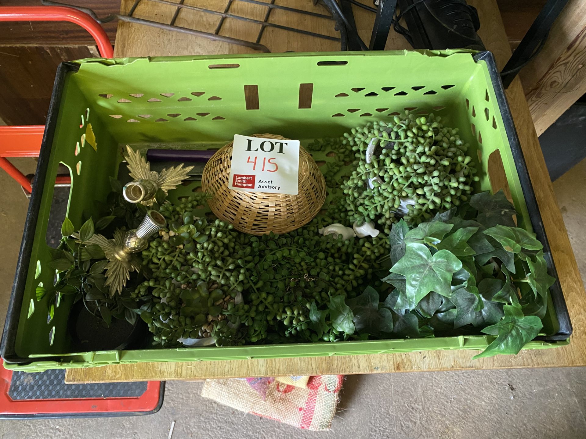 Crate to include various table ornaments, artificial plants, candlestick holders, wicker bowl, etc.