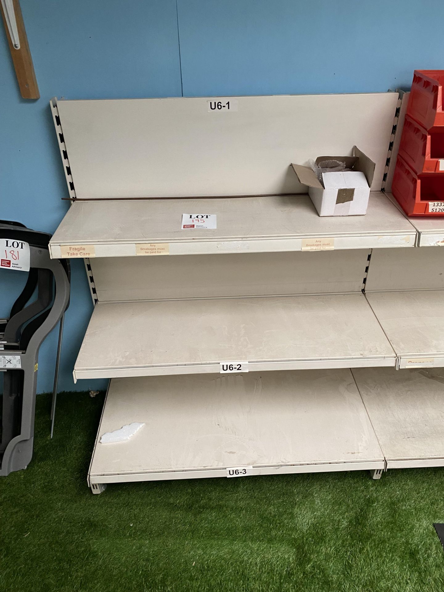 Four connected shop fittings/display shelving racks 4m length x 38cm width x 120cm height (please - Image 2 of 6
