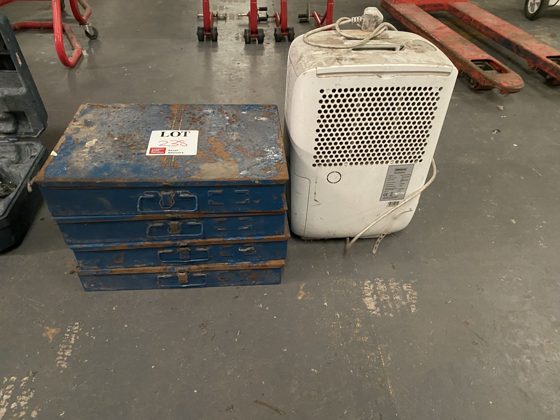 Three metal tool boxes, one Homebase dehumidifier (working condition uknown)