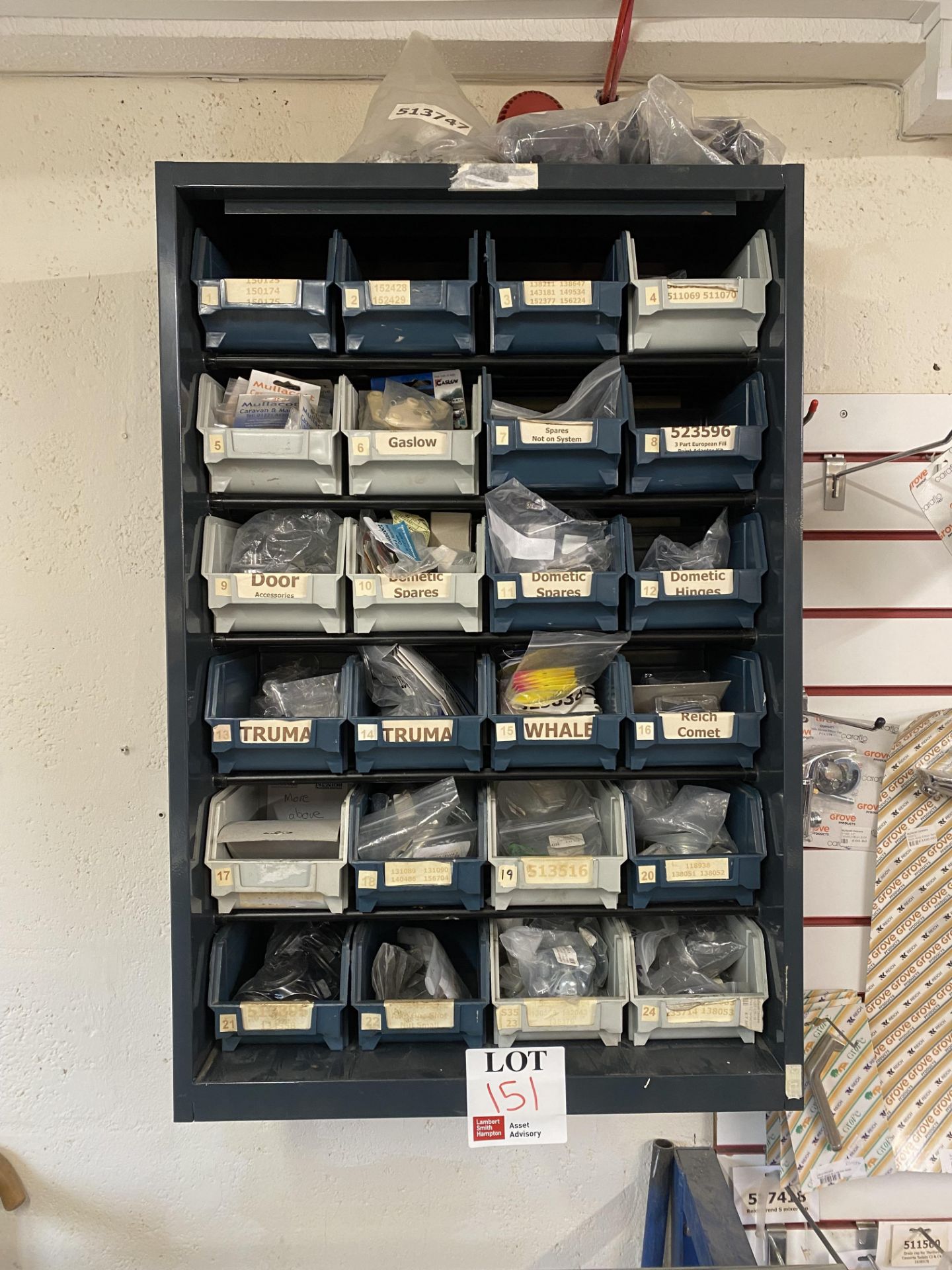 Wall mounted storage unit, including contents