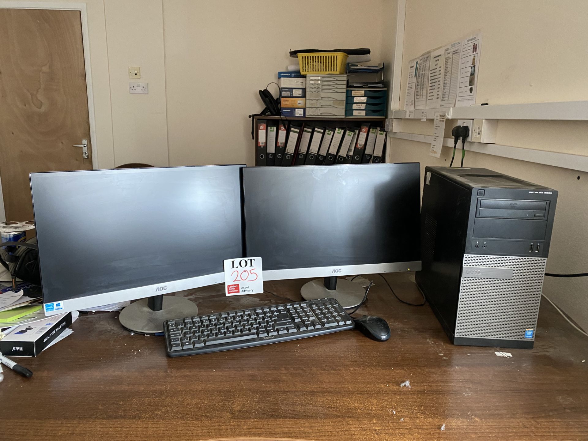 Two AOC desktop monitors, one Dell Optiplex 3020 computer with keyboard & mouse