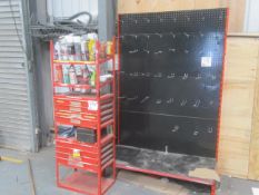 Storage cabinet and rack, red, with contents of straps, ties, rings and sundry stock