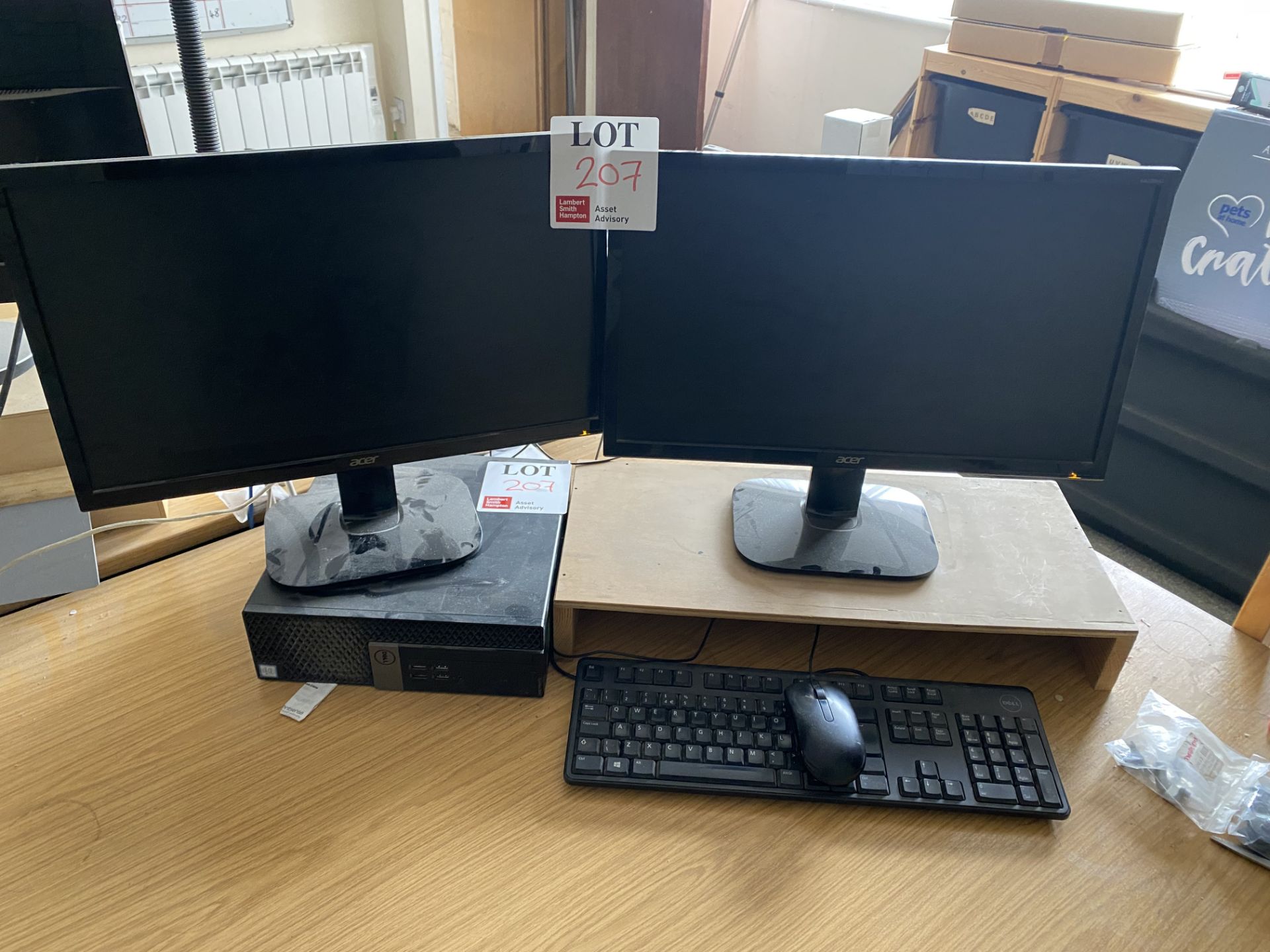 Two Acer desktop monitors, one Dell Optiplex 3040 computer with keyboard & mouse