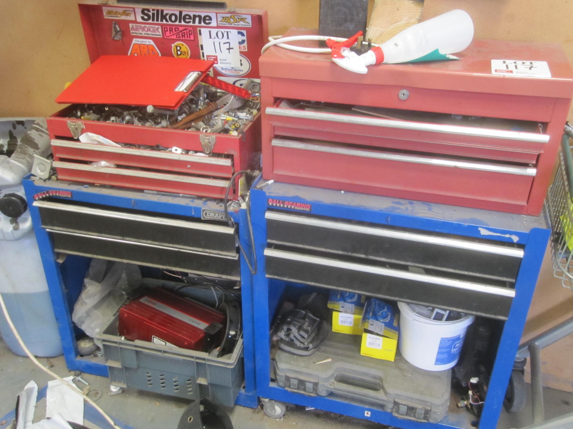 Two assorted tool trollies and two tool boxes with contents
