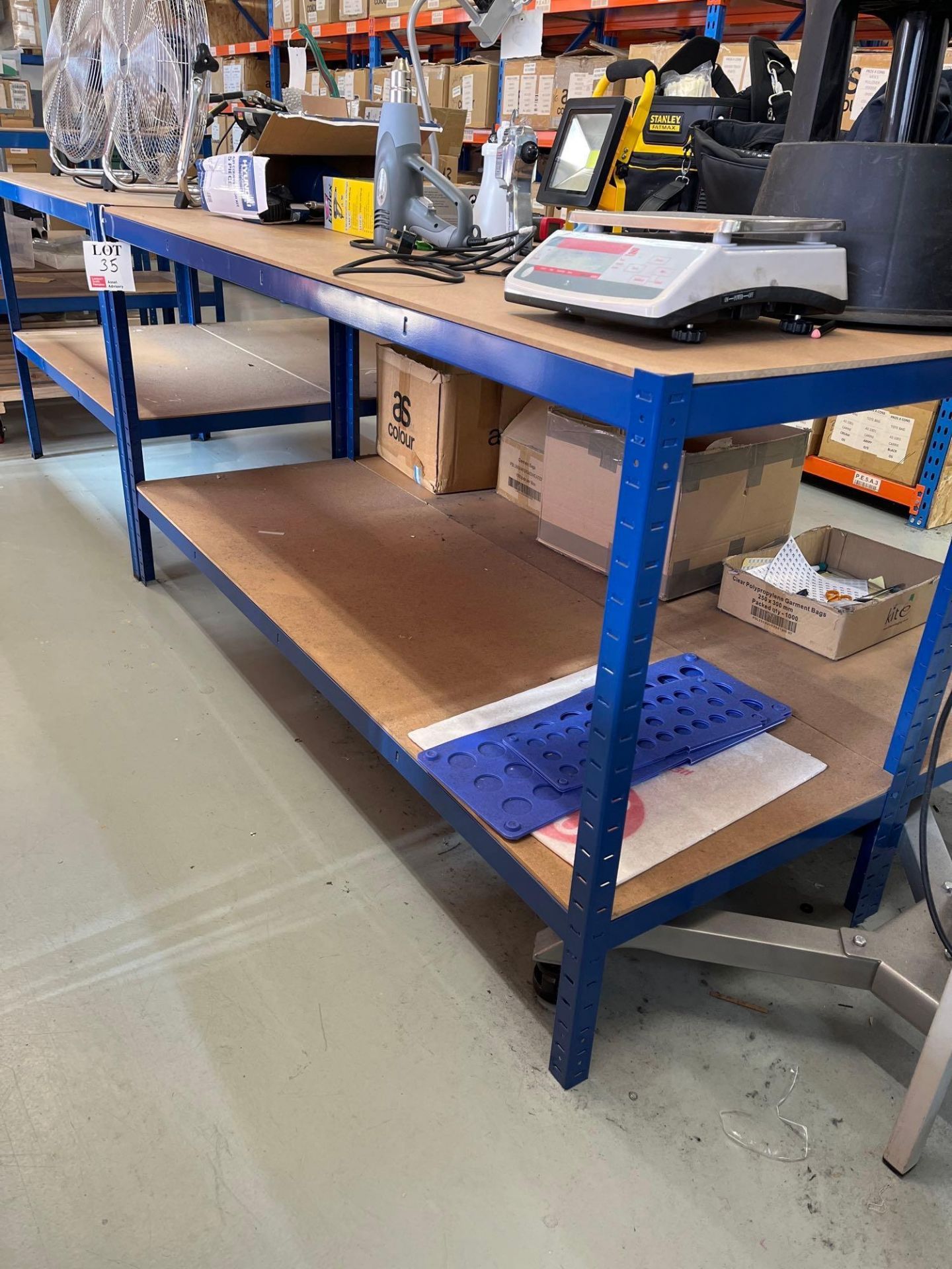 Six light weight two tier workbenches NB: This lot excludes all contents